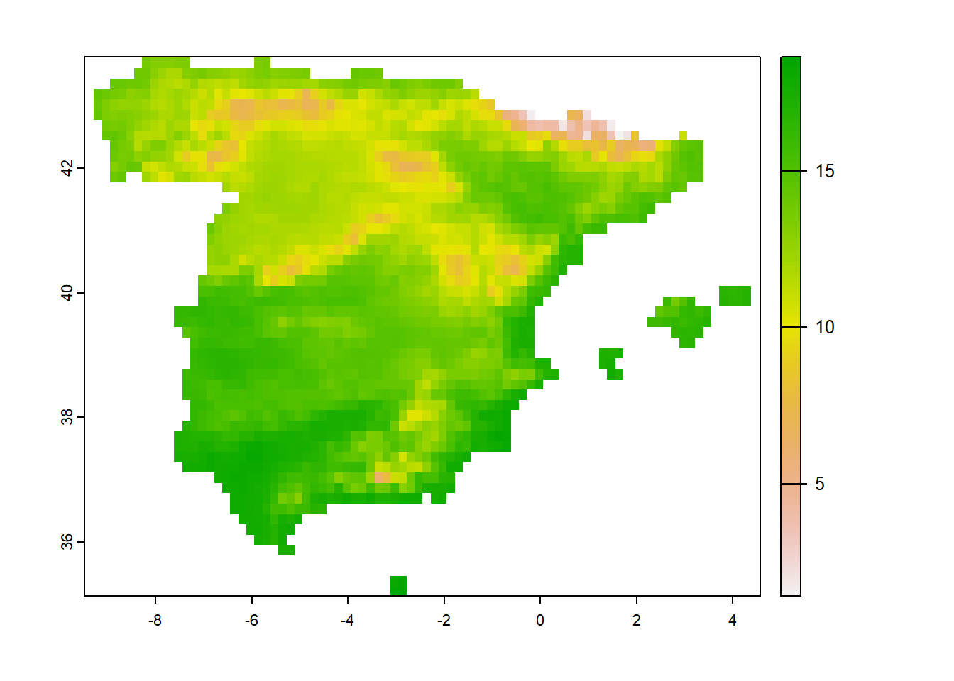 Low resolution raster representing the average annual temperature in Spain.