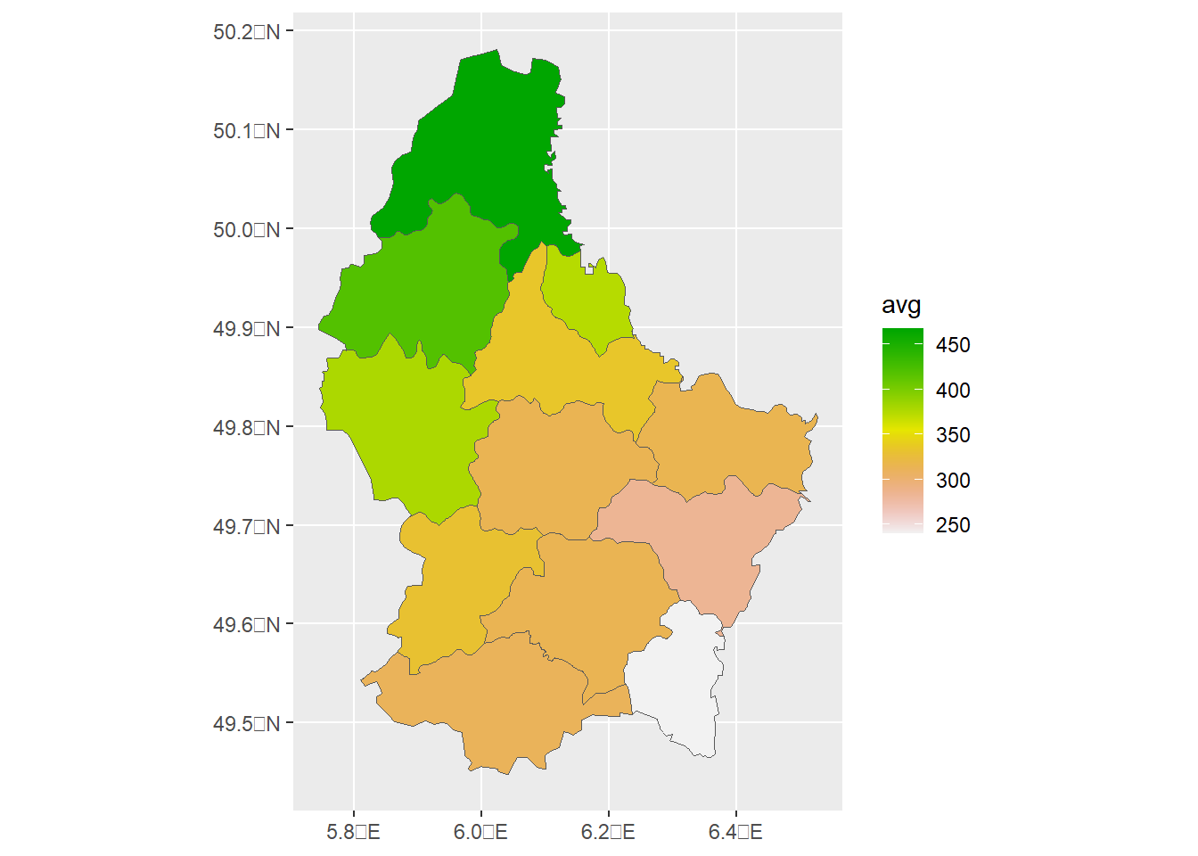 Average and area-weighted average of elevation values in each of the divisions of Luxembourg.