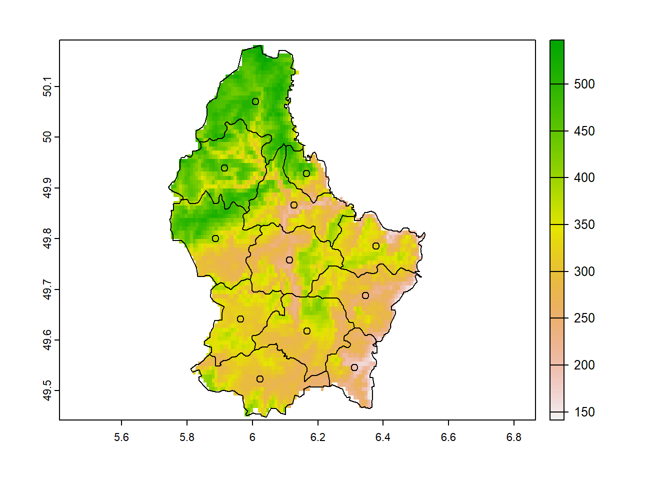 Elevation raster, and division and centroids of polygons in Luxembourg.