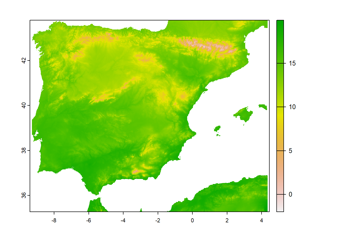 Cropped raster representing the average annual temperature in Spain.