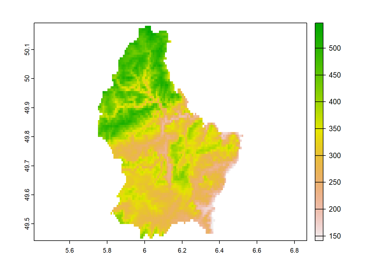 Elevation raster in Luxembourg obtained from **terra**.
