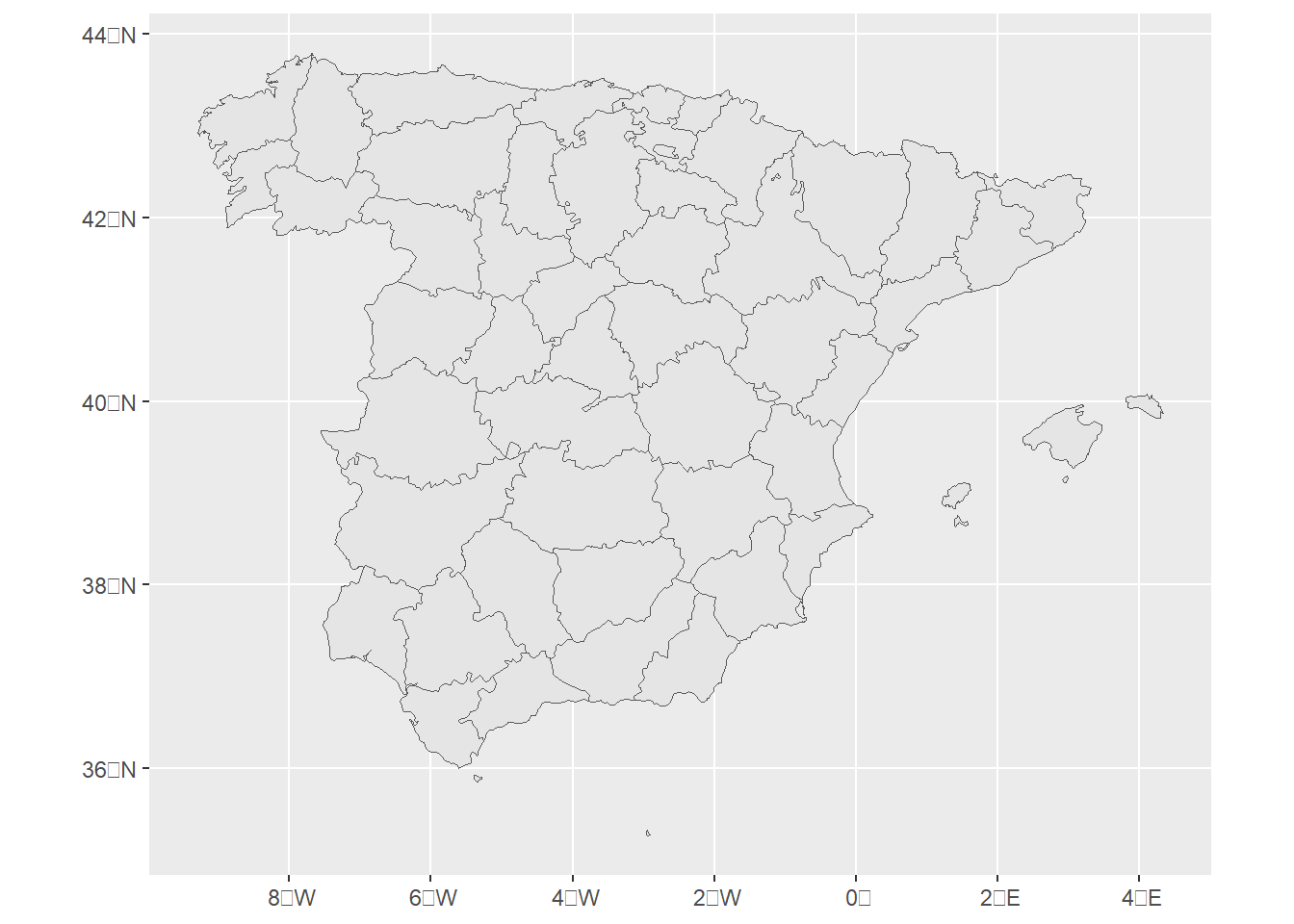 Map of Spain excluding the Canary Islands region obtained from **rnaturalearth**.