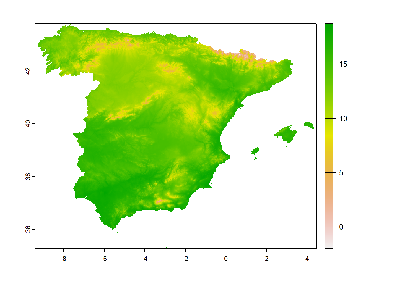 Masked raster representing the average annual temperature in Spain.